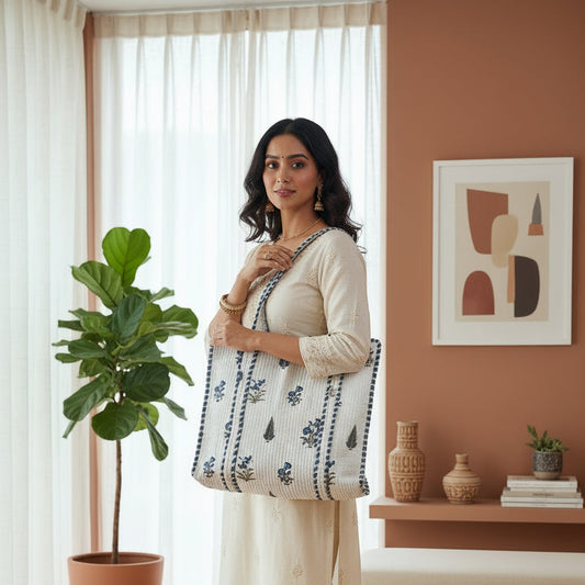 WHITE & BLUE QUILTED SHOPPING TOTE BAG