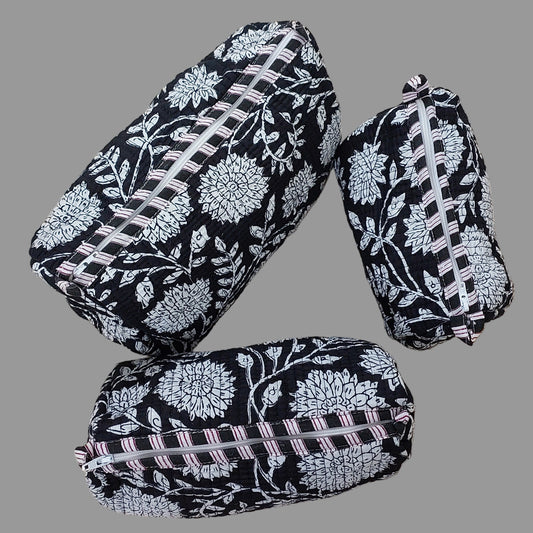 BLACK & WHITE FLORAL QUILTED VANITY POUCHES ( SET OF 3 )