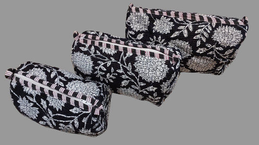 BLACK & WHITE FLORAL POUCHES ( SET OF 3 )