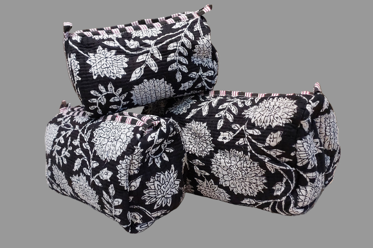 BLACK & WHITE FLORAL QUILTED VANITY POUCHES ( SET OF 3 )