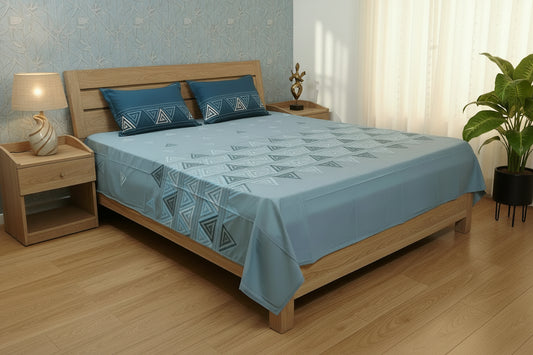 PEACOCK BLUE GEOMETRICAL KING COTTON BEDSHEET SET