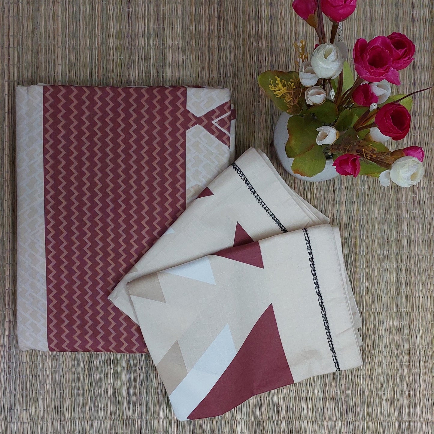 RED & BEIGE COTTON KING BEDSHEET