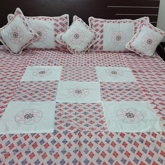 RED & BLUE WITH WHITE PATCHWORK & EMBROIDERY QUEEN BEDSHEET