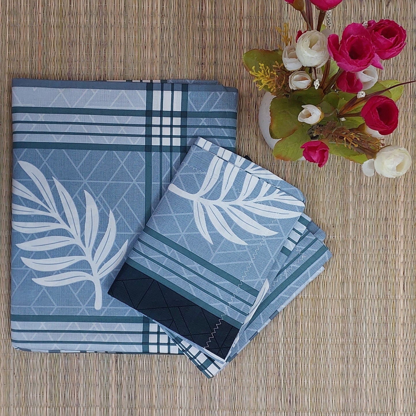 GREY & WHITE STRIPED COTTON QUEEN BEDSHEET