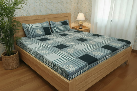 GREY & WHITE STRIPED QUEEN COTTON BEDSHEET SET