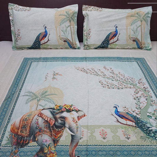 PEACOCK & ELEPHANT DIGITAL PRINTED COTTON KING BEDSHEET