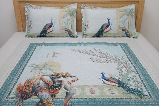 PEACOCK & ELEPHANT DIGITAL PRINTED KING COTTON BEDSHEET SET