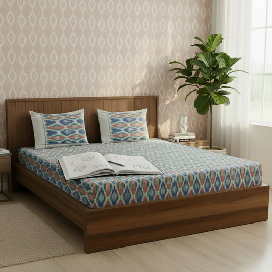 RED & BLUE POCHAMPALLY IKAT KING COTTON BEDSHEET SET
