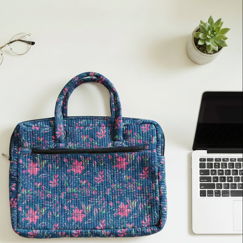 NAVY BLUE & PINK BLOCK PRINTED LAPTOP BAG