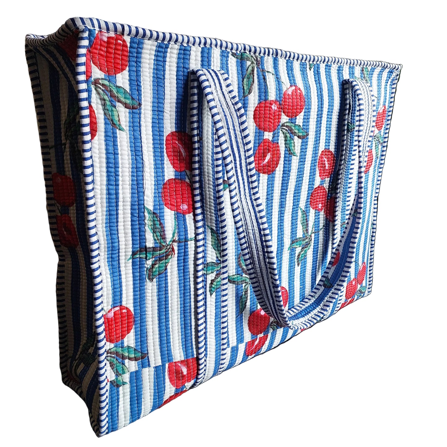BLUE & WHITE STRIPED QUILTED TOTE BAG