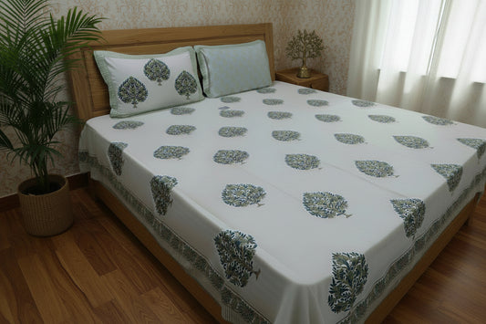 WHITE TREE MOTIF HAND BLOCK PRINTED KING COTTON BEDSHEET SET