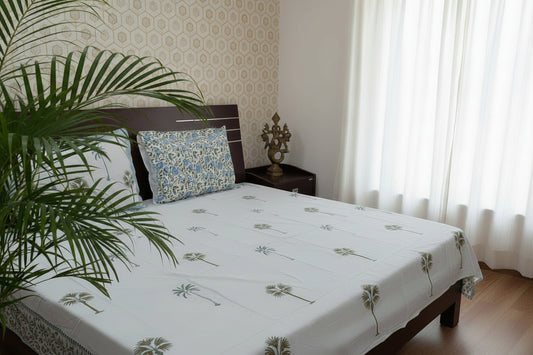 WHITE & GREEN PALM HAND BLOCK PRINTED KING COTTON BEDSHEET SET