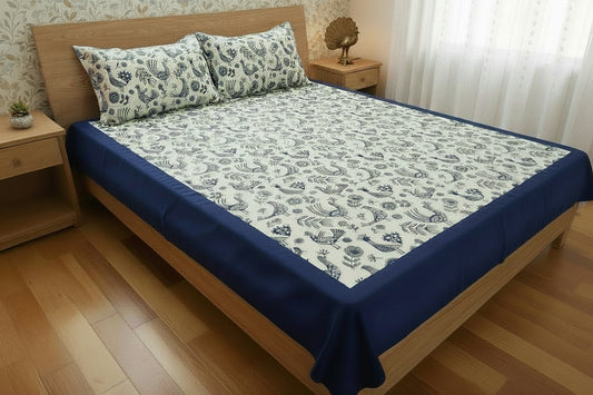 NAVY BLUE BORDER KING COTTON BEDSHEET SET