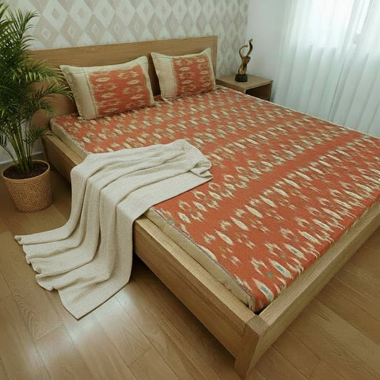ORANGE POCHAMPALLY IKAT KING COTTON BEDSHEET SET