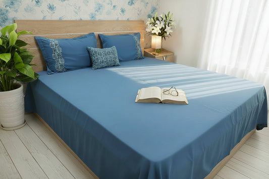 SLATE BLUE EMBROIDERED KING COTTON BEDSHEET SET