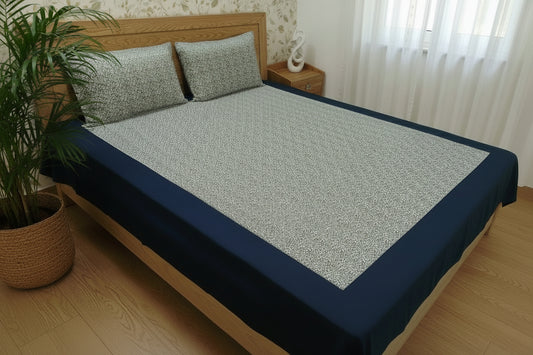 NAVY BLUE BORDER FLORAL KING COTTON BEDSHEET SET