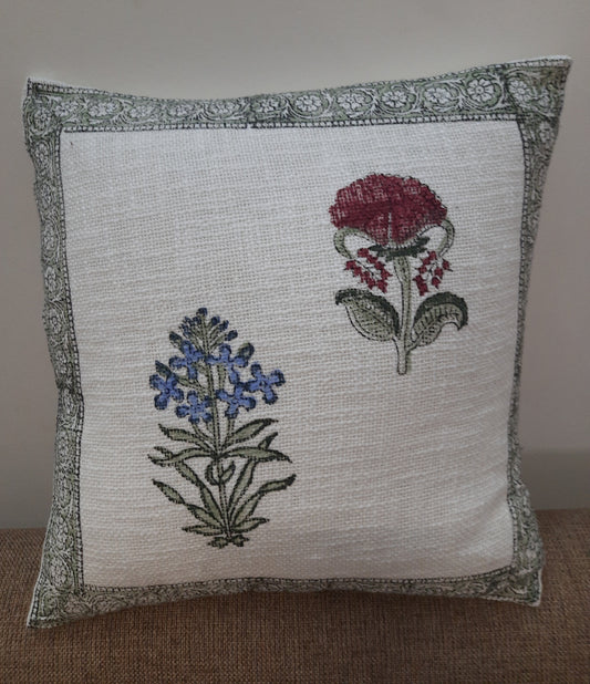 WHITE & RED FLORAL BLOCK PRINTED CUSHION COVERS ( SET OF 5 )