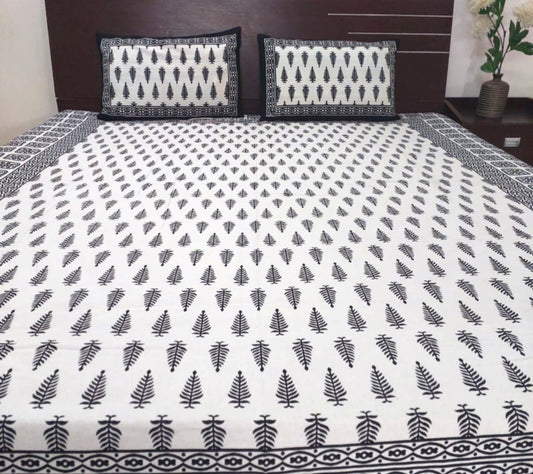 WHITE & BLACK LEAF BLOCK PRINTED COTTON QUEEN BEDSHEET
