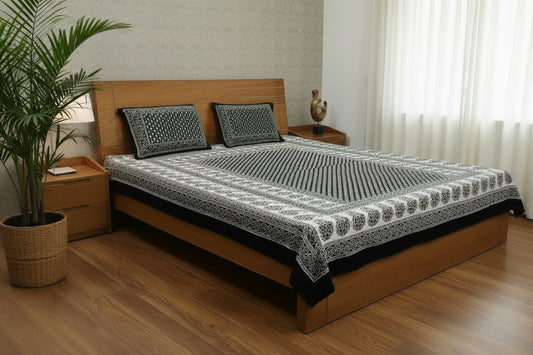 BLACK & WHITE BLOCK PRINTED QUEEN COTTON BEDSHEET SET