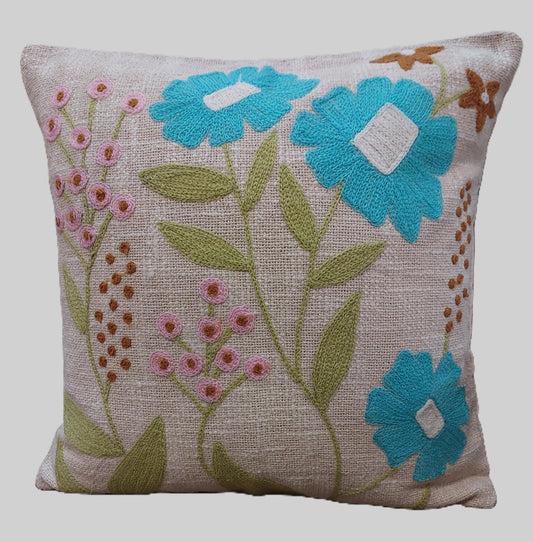 BLUE & GREEN FLORAL EMBROIDERED CUSHION COVERS ( SET OF 2 )