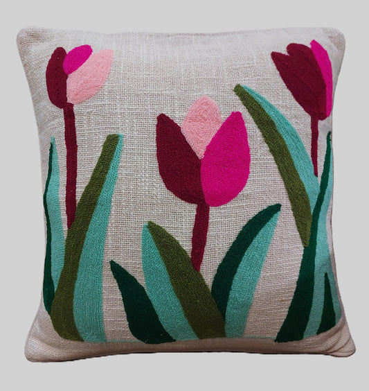 PINK & GREEN FLORAL EMBROIDERED CUSHION COVERS ( SET OF 2 )