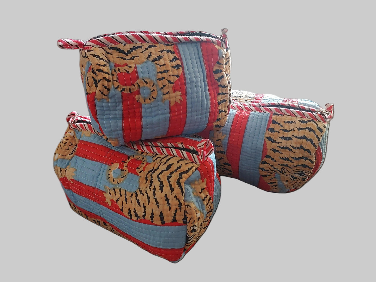 RED & BLUE QUILTED VANITY POUCHES ( SET OF 3 )
