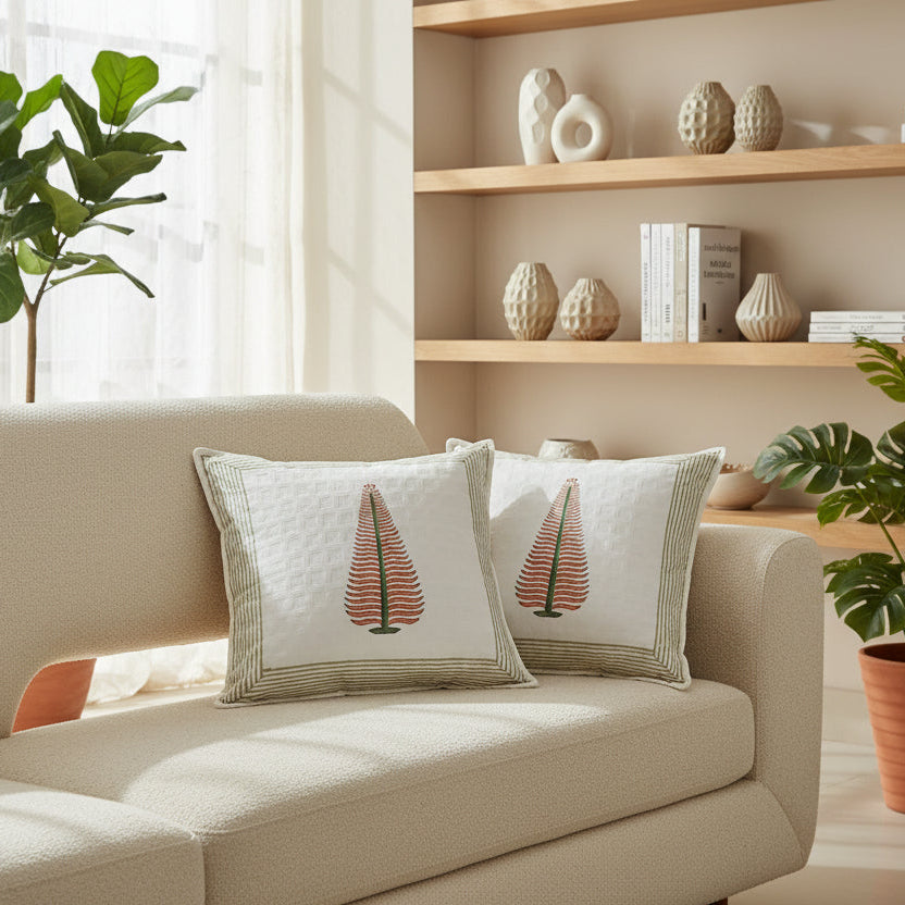WHITE & ORANGE BLOCK PRINTED CUSHION COVERS ( SET OF 4 )