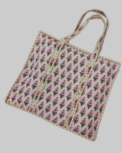 CREAM QUILTED SHOPPING TOTE BAG