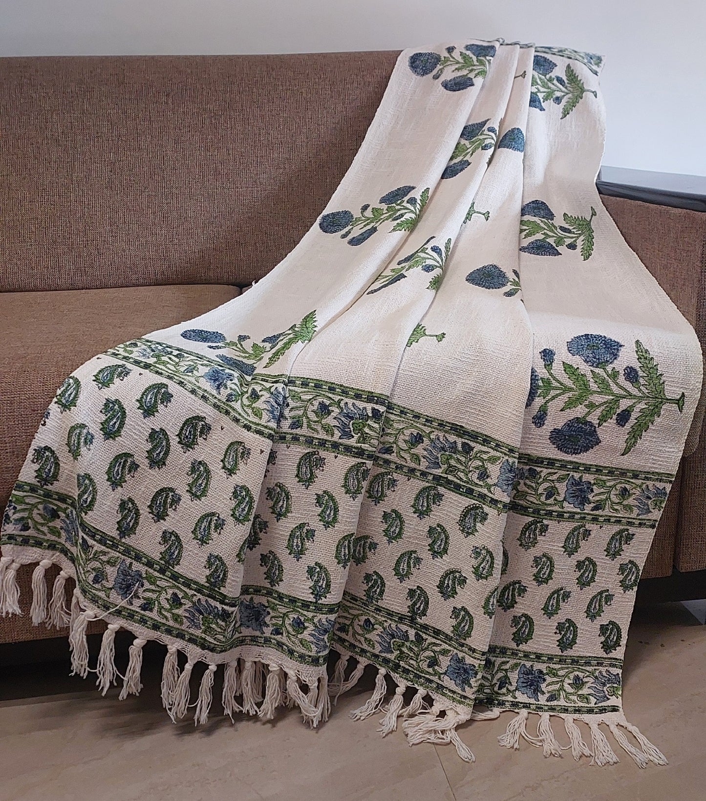 WHITE & BLUE BLOCK PRINTED SOFA THROW