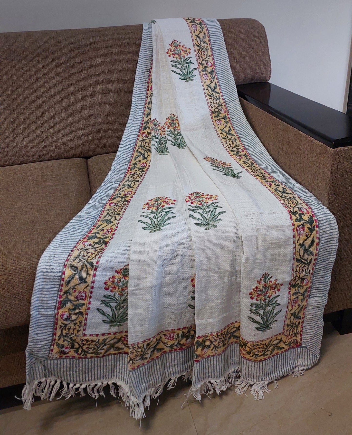 WHITE & YELLOW BLOCK PRINTED SOFA THROW