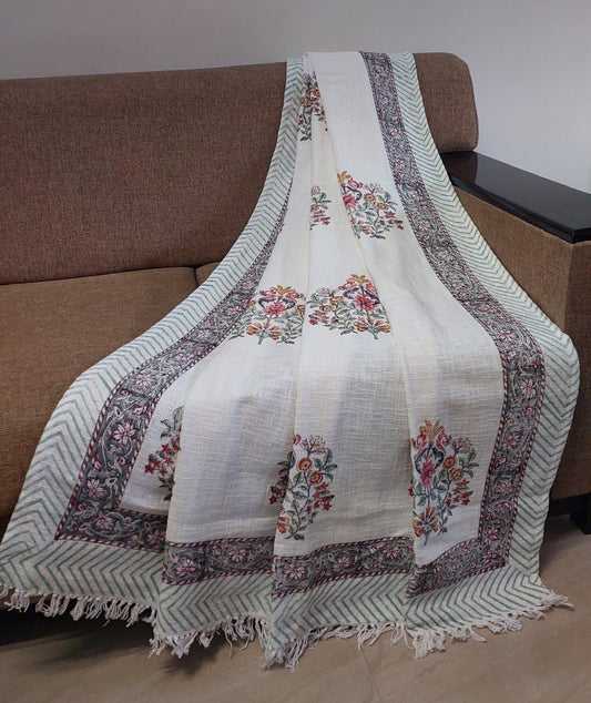 WHITE & BROWN BLOCK PRINTED SOFA THROW