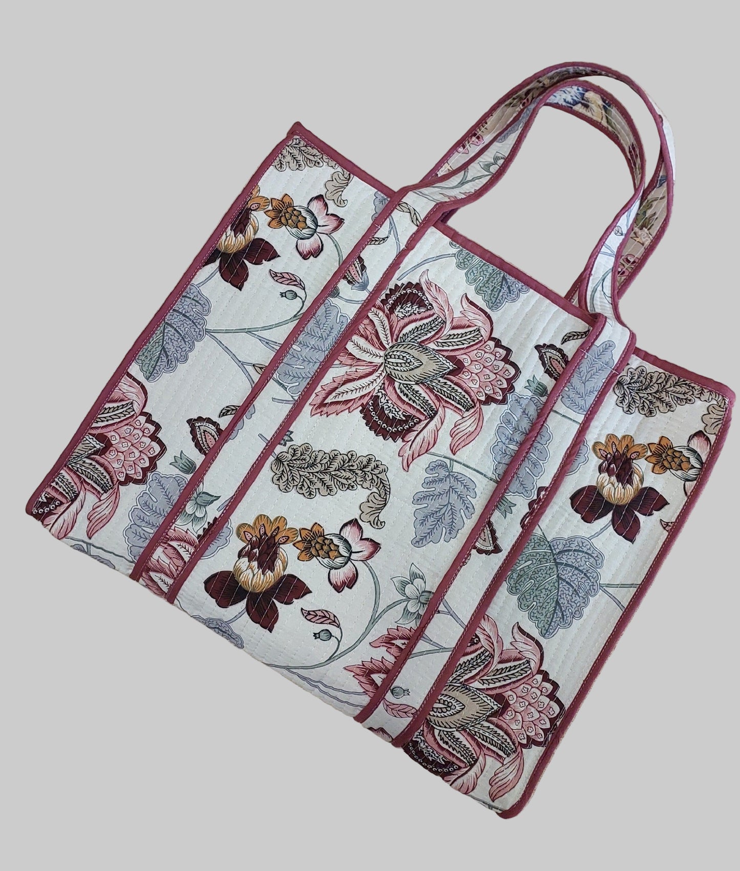 WHITE & BROWN QUILTED SHOPPING TOTE BAG