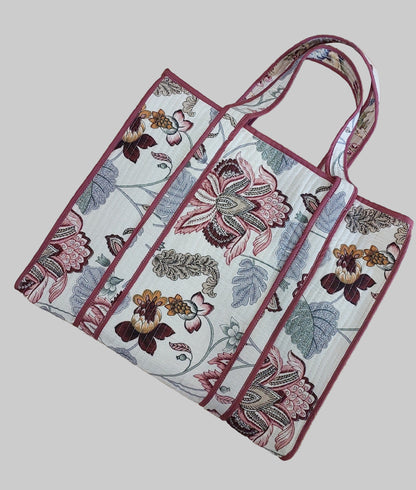 WHITE & BROWN QUILTED SHOPPING TOTE BAG