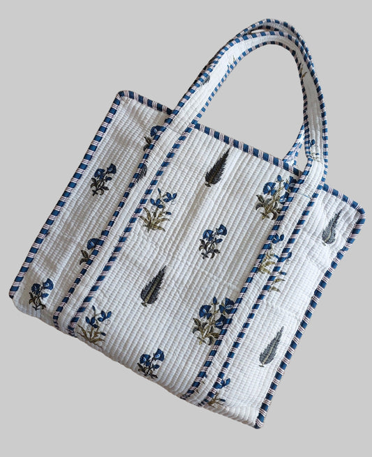 WHITE & BLUE QUILTED SHOPPING TOTE BAG