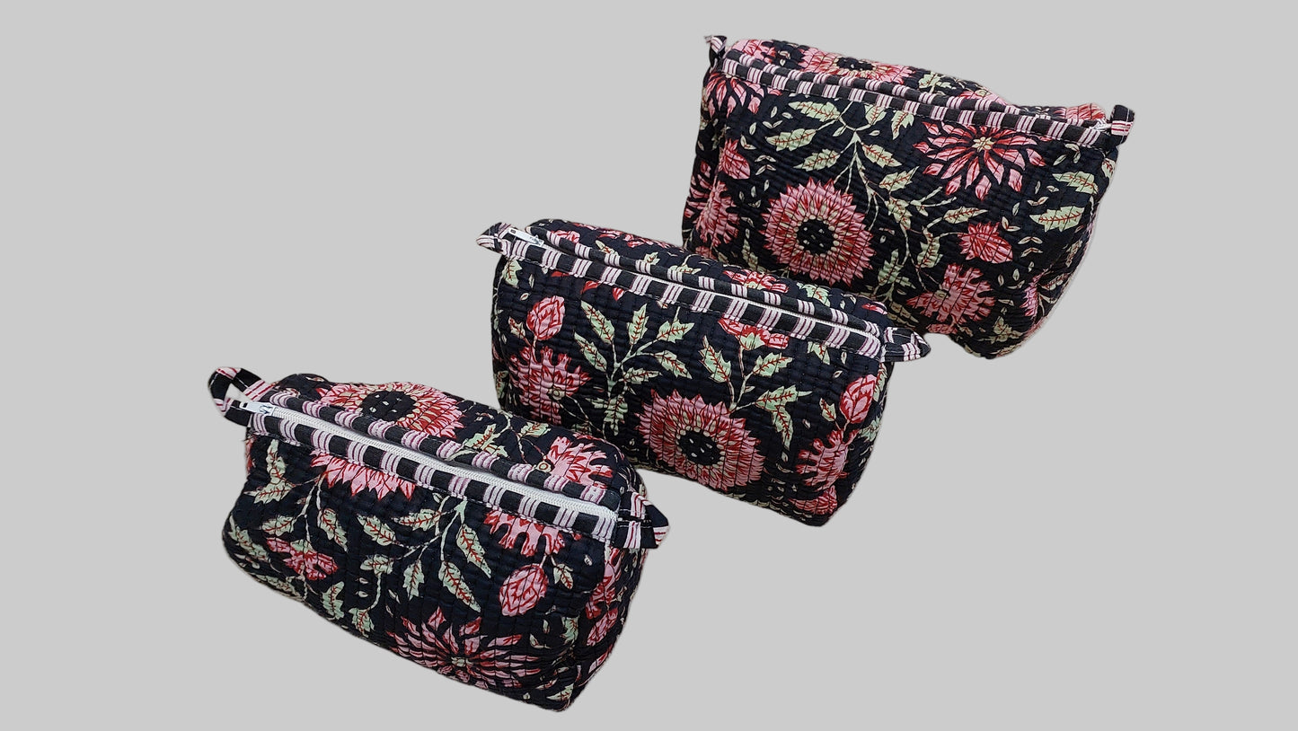 BLACK & RED FLORAL POUCHES ( SET OF 3 )