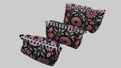 BLACK & RED FLORAL POUCHES ( SET OF 3 )