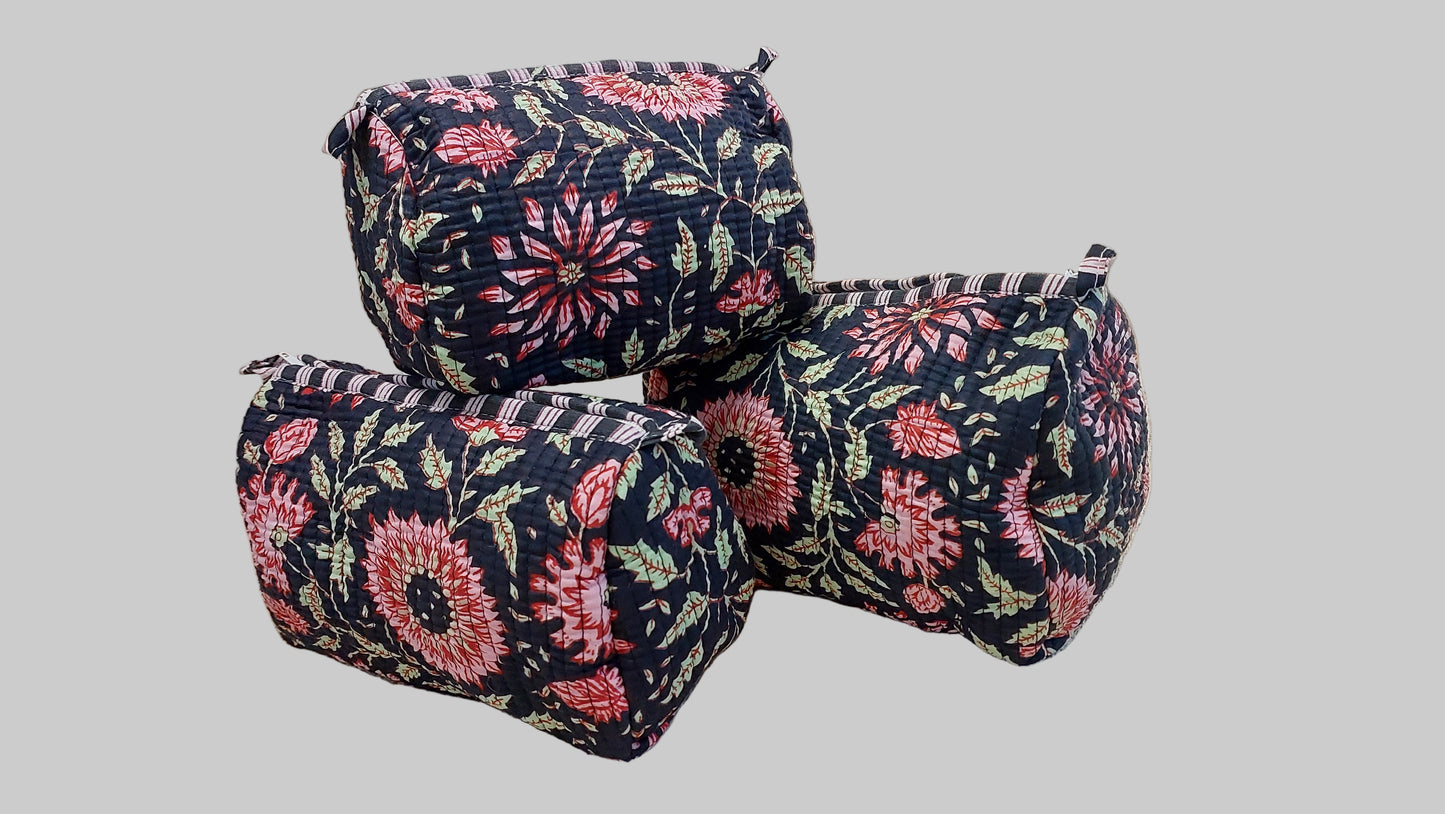 BLACK & RED FLORAL POUCHES ( SET OF 3 )