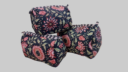 BLACK & RED FLORAL POUCHES ( SET OF 3 )