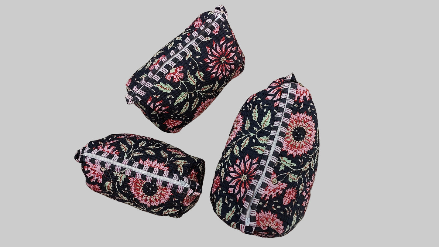 BLACK & RED FLORAL POUCHES ( SET OF 3 )