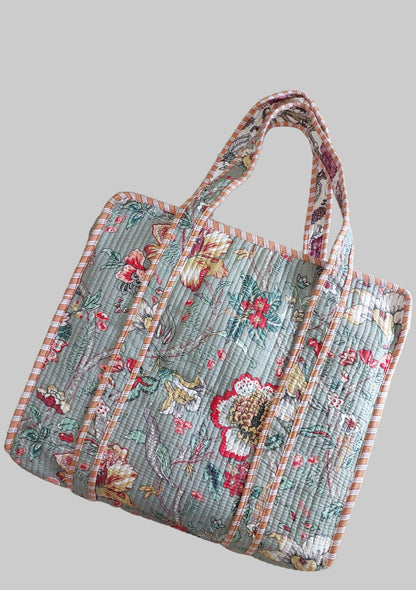 GREY QUILTED SHOPPING TOTE BAG