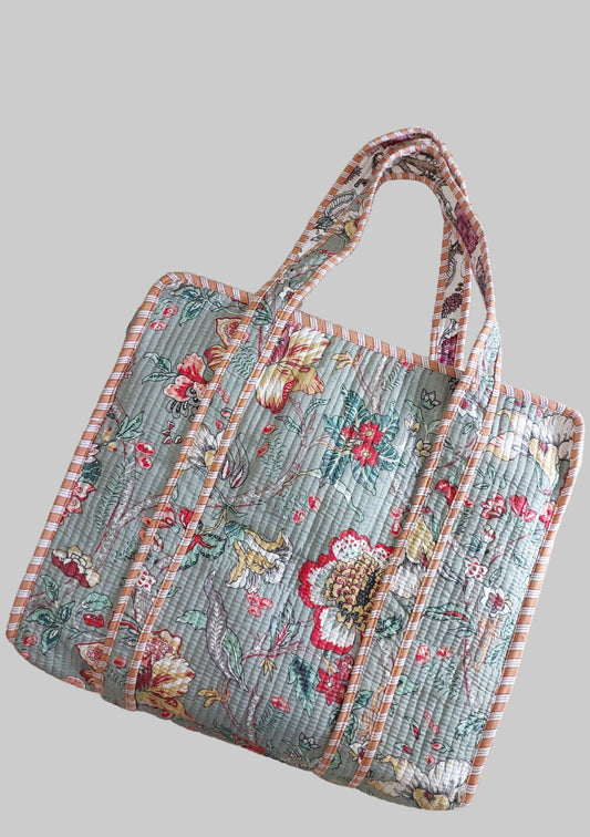 GREY QUILTED SHOPPING TOTE BAG