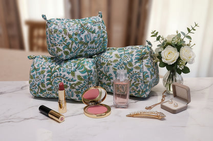 WHITE & BLUE FLORAL POUCHES ( SET OF 3 )