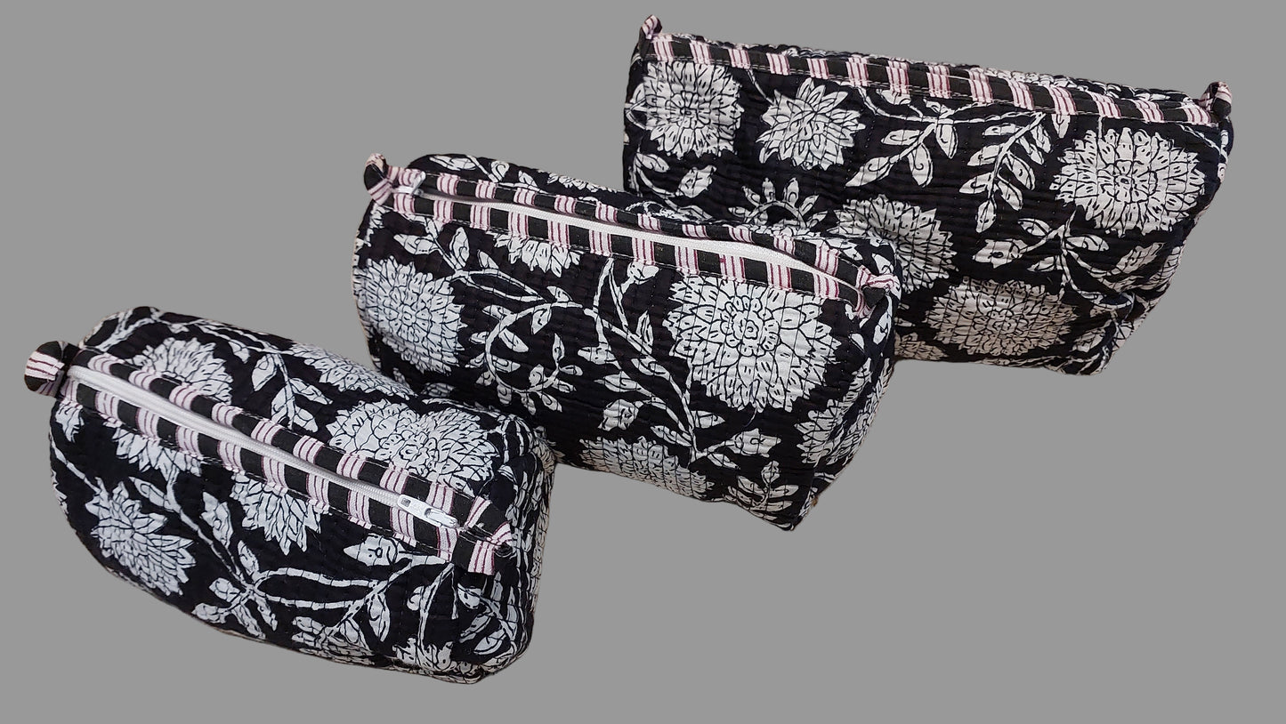 BLACK & WHITE FLORAL POUCHES ( SET OF 3 )