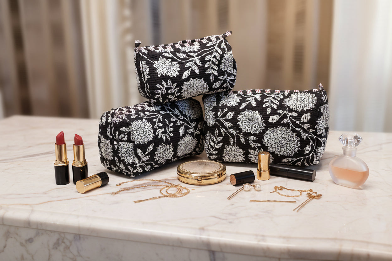 BLACK & WHITE FLORAL POUCHES ( SET OF 3 )