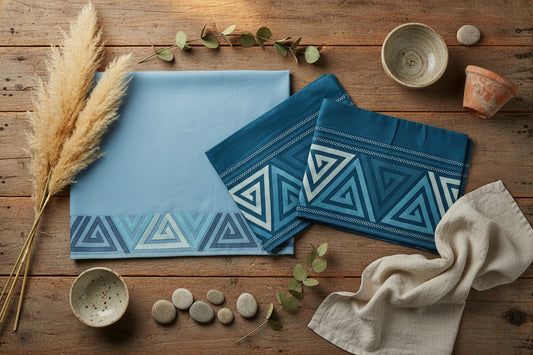 PEACOCK BLUE GEOMETRICAL KING COTTON BEDSHEET SET