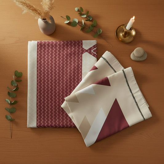 RED & BEIGE KING COTTON BEDSHEET SET