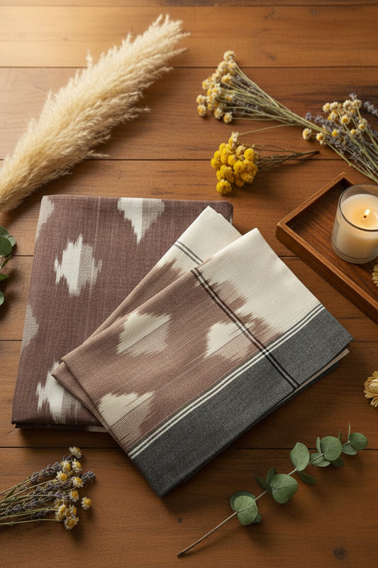 DARK BROWN POCHAMPALLY IKAT KING COTTON BEDSHEET SET