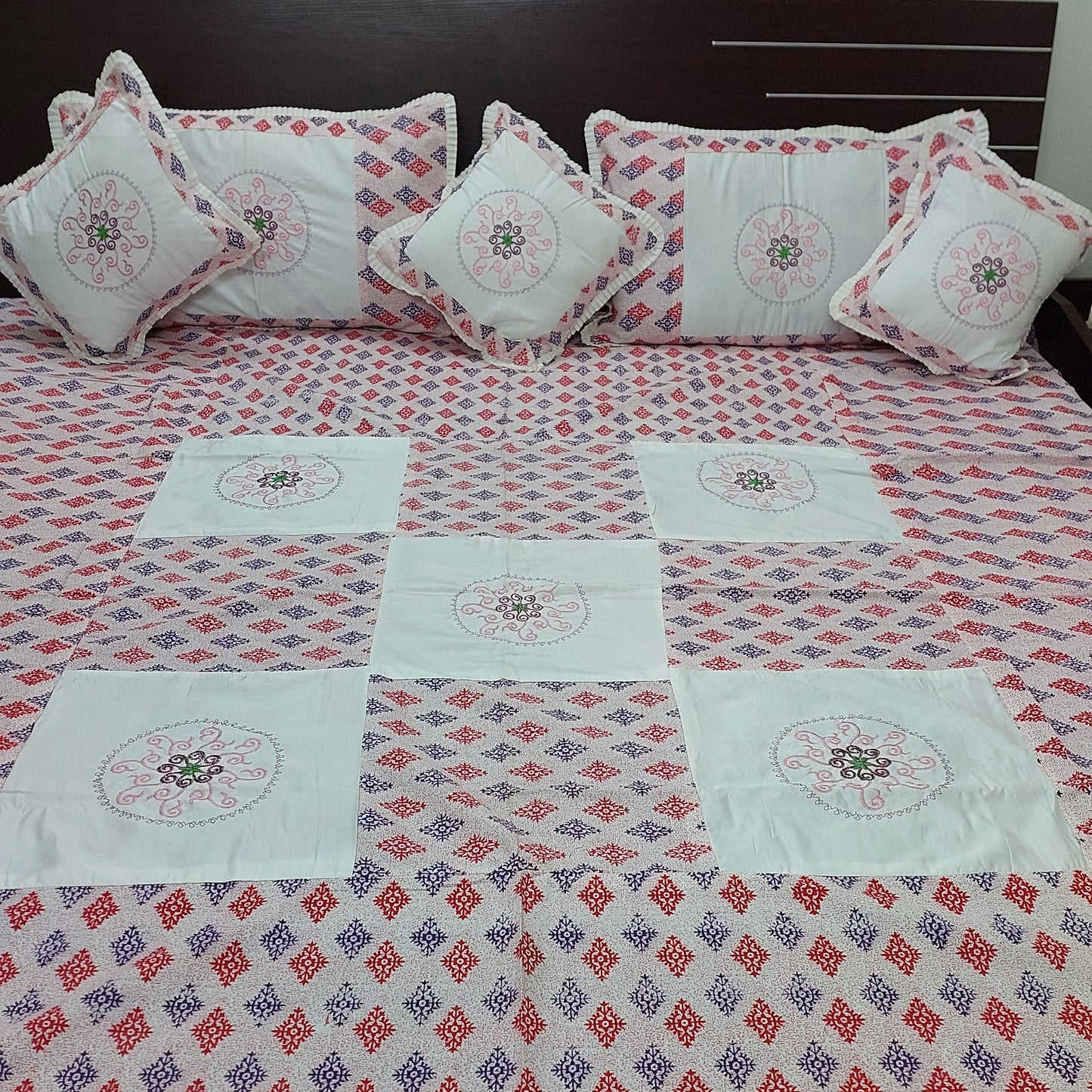 RED & BLUE WITH WHITE PATCHWORK & EMBROIDERY QUEEN BEDSHEET
