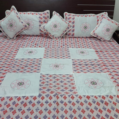 RED & BLUE WITH WHITE PATCHWORK & EMBROIDERY QUEEN BEDSHEET