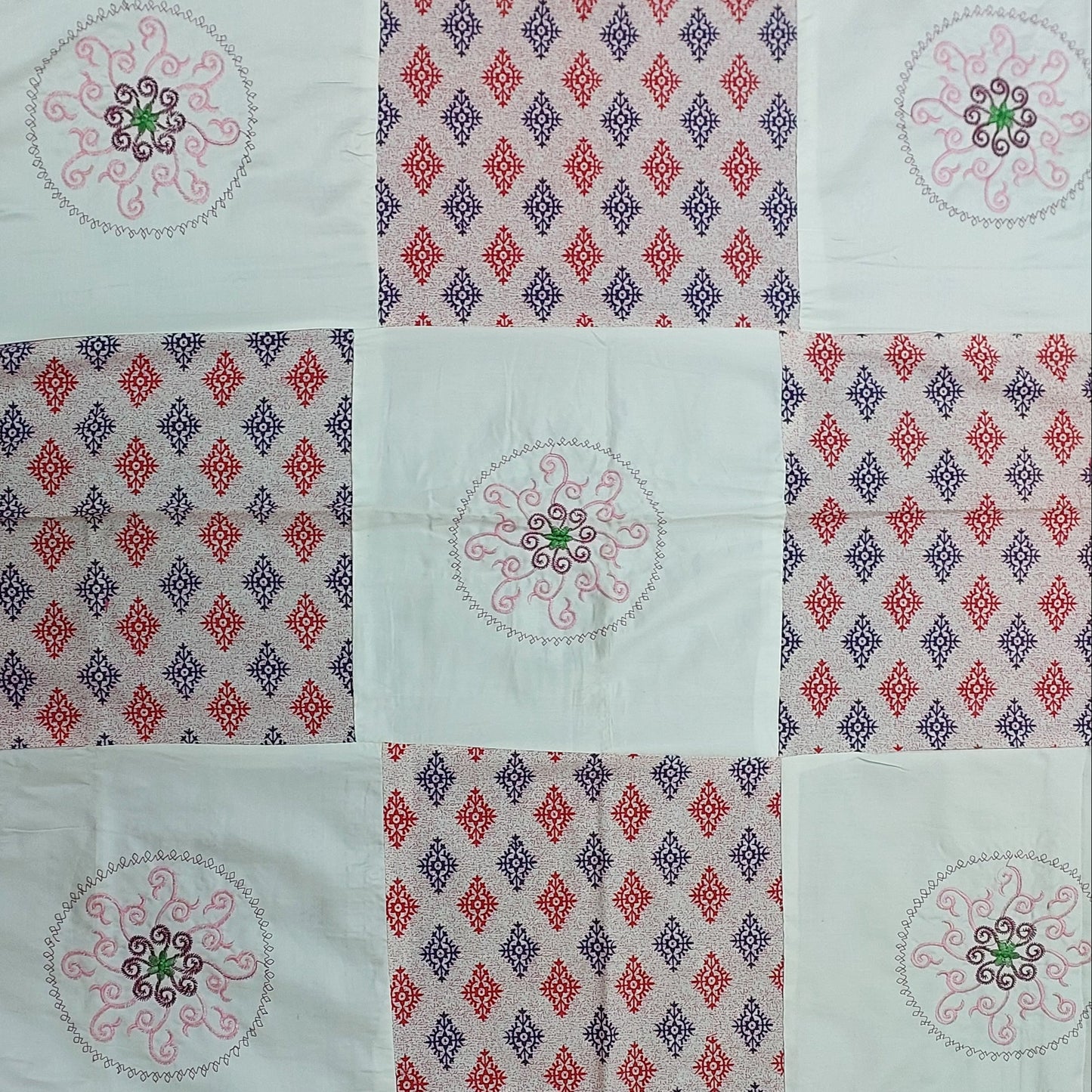 RED & BLUE WITH WHITE PATCHWORK & EMBROIDERY QUEEN BEDSHEET